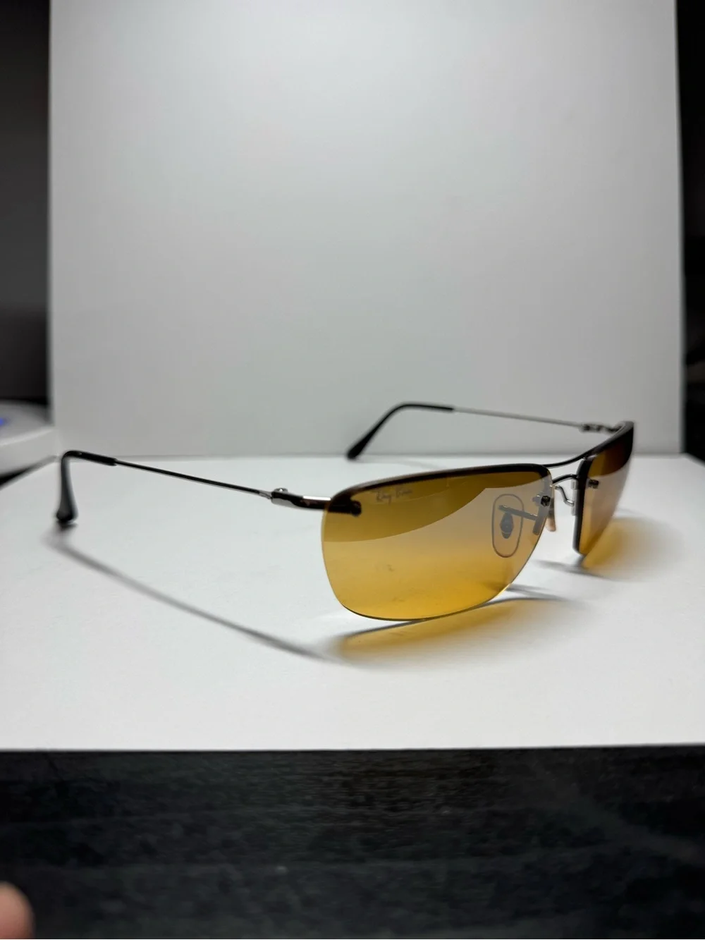 Vintage Ray-Ban RB3156 O03/7F 60□16 Top Oval Sunglasses Wire Rimless Amber Lens